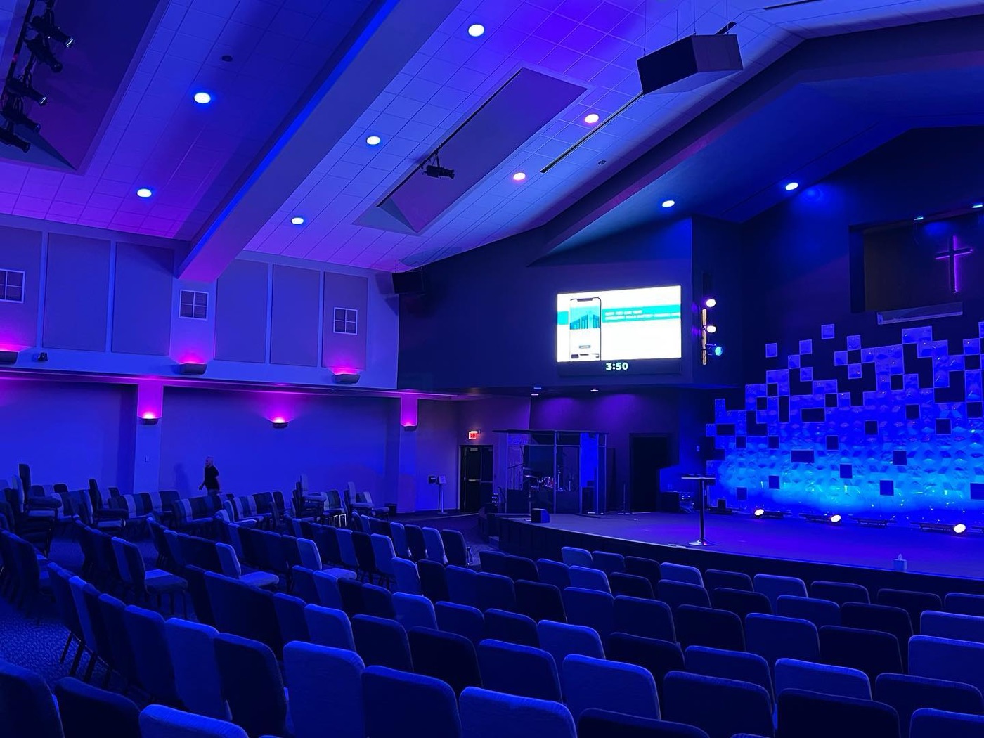 Renovated stage with new lighting at Cherokee Hills Baptist Church, Oklahoma City